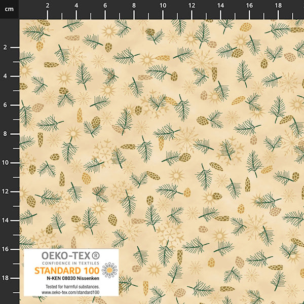 Stof - We Love Christmas - Golden Pinecones - Beige - Black Rabbit Fabric Inc.