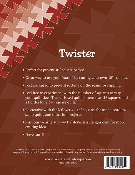 Twister Sisters Twister - Includes Tool, Instructions & Pattern for Quilt Using 10" Squares - Black Rabbit Fabric Inc.